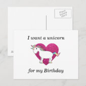 Carte Postale Je veux une licorne pour mon anniversaire (Devant / Derrière)