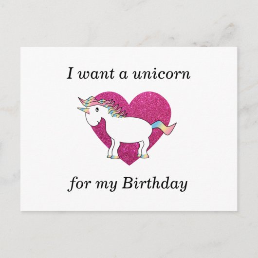 Carte Postale Je veux une licorne pour mon anniversaire (Devant)