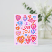 Carte Postale JE VOUS AIME Valentine Colorful Whimsical HEARTS (Debout devant)