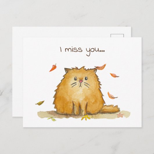 Carte Postale Je Vous Manque // Chat D'Aquarelle Triste (Devant / Derrière)