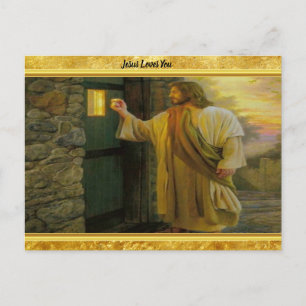 Carte Postale Jesus At Your Door with a gold foil design