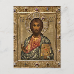 Carte Postale Jésus-Christ tenant l'icône orthodoxe des Évangile