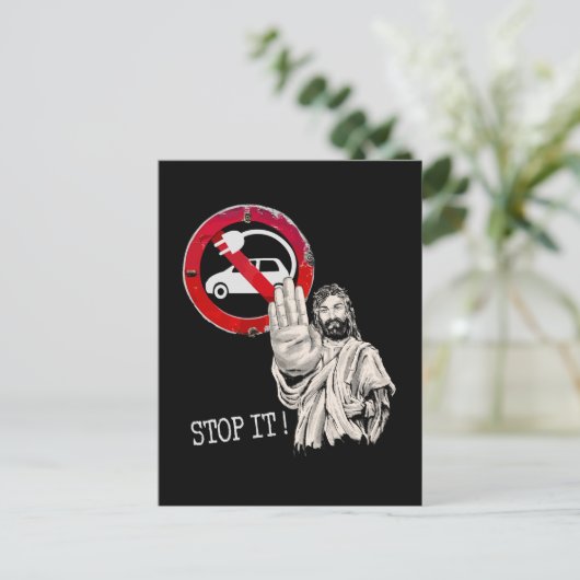 Carte Postale Jésus dit non aux voitures électriques (Debout devant)
