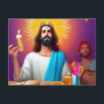 Carte Postale Jésus drôle et coloré à son anniversaire<br><div class="desc">Jésus à sa fête d'anniversaire dessin humoristique généré par IA</div>