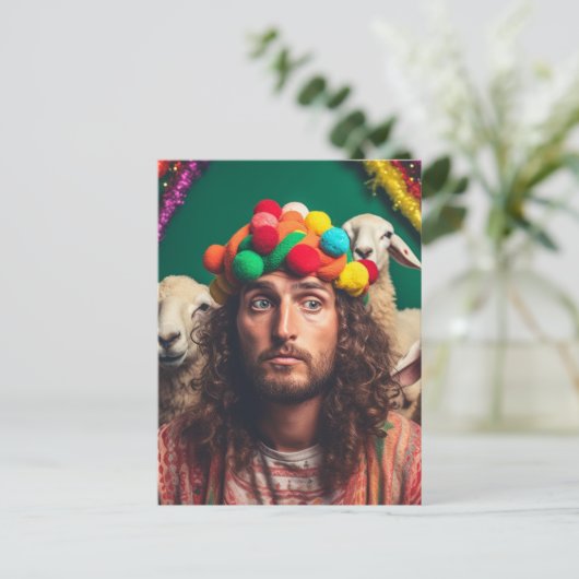 Carte Postale Jésus drôle et moutons à une fête d'anniversaire c (Debout devant)