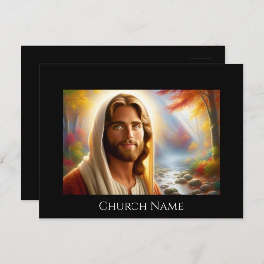 Carte Postale Jésus souriant dans une forêt céleste (Devant / Derrière)