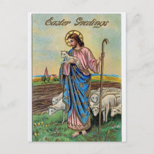 Carte Postale Jésus vintage Avec Des Salutations Pâques Moutons