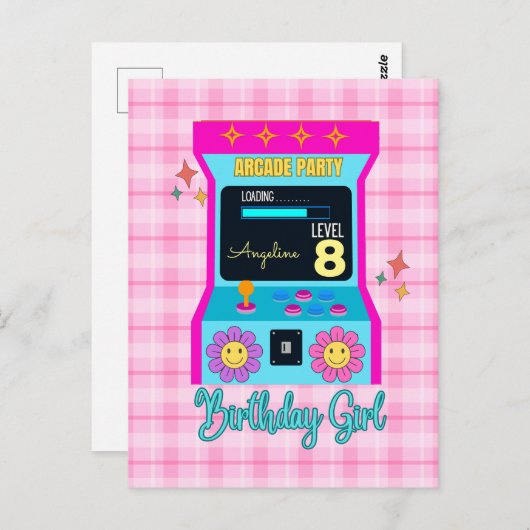 Carte Postale Jeu de Arcade Rétro Fête d'anniversaire Bleu Rose (Devant / Derrière)