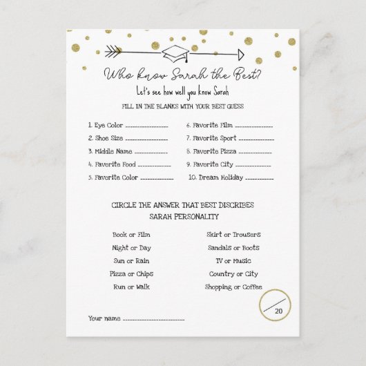 Carte Postale Jeu de la fête de graduation, Connaître le jeu de (Devant)