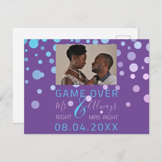 Carte Postale Jeu Sur Funny Enregistrer La Date Mariage Violet P (Devant / Derrière)