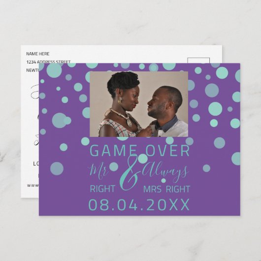 Carte Postale Jeu Sur Funny Enregistrer La Date Mariage Violet P (Devant / Derrière)