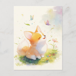Carte Postale Jeune Corgi avec Papillons dans une Prairie Ensole