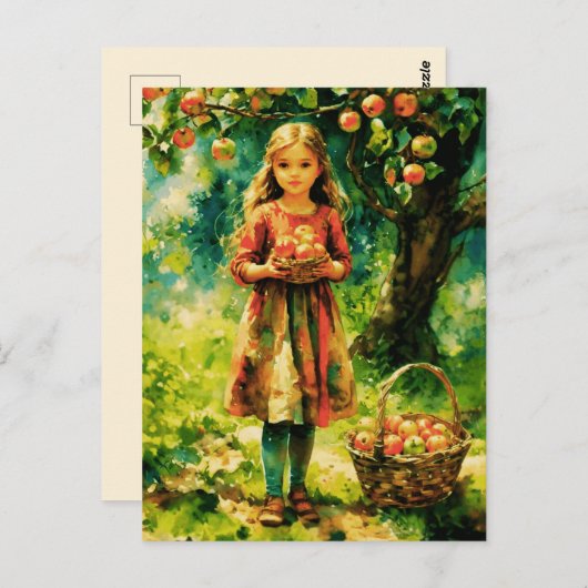 Carte Postale Jeune fille dans un Apple Orchard (Devant / Derrière)