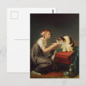 Carte Postale Jeune fille donnant du lait à son art de chat (Devant / Derrière)