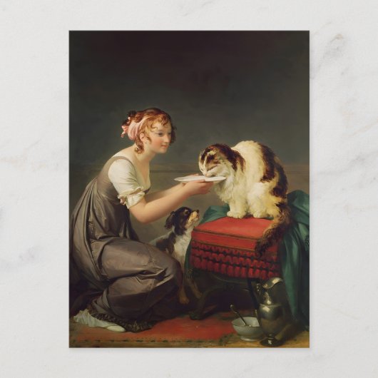 Carte Postale Jeune fille donnant du lait à son art de chat (Devant)