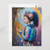 Carte Postale Jeune fille en forêt avec sac à dos (Devant / Derrière)