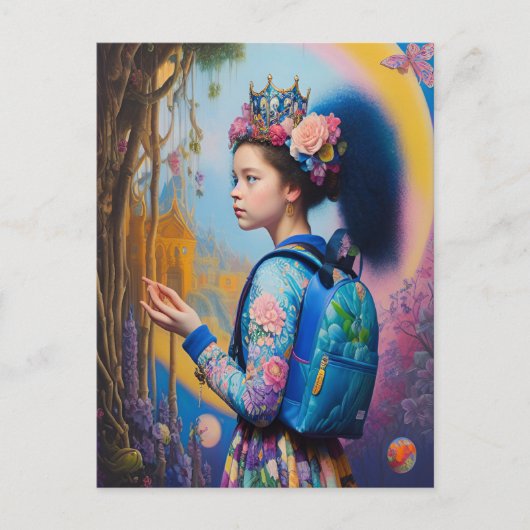 Carte Postale Jeune fille en forêt avec sac à dos (Devant)