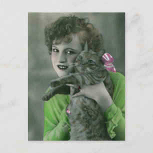 Carte Postale Jeune fille et chat Vintage glamour photo
