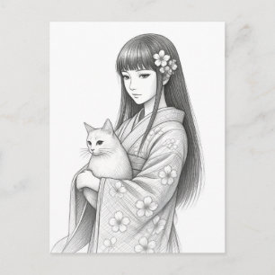 Carte Postale Jeune fille japonaise avec un chat blanc