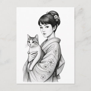 Carte Postale Jeune Japonaise et son Chat