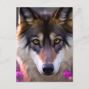 Carte Postale Jeune loup en fleurs rose fuchsia