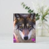 Carte Postale Jeune loup en fleurs rose fuchsia (Debout devant)