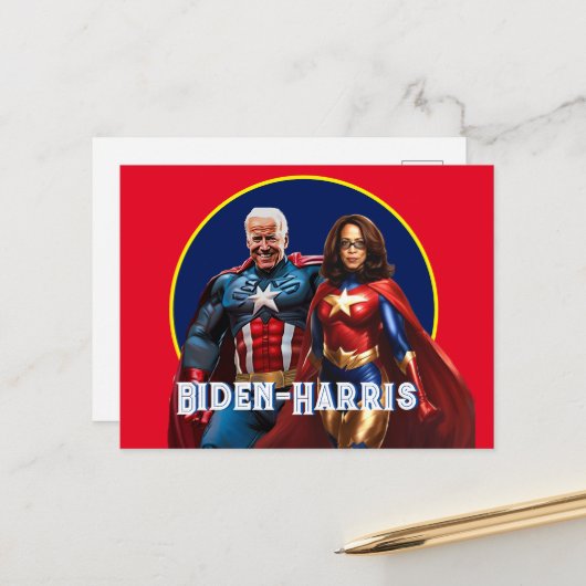 Carte Postale Joe Biden et Kamala Harris en super-héros (Devant/Arrière en situation)