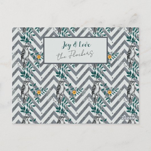 Carte Postale Joie & Amour - Zigzag Motif d'oiseaux et de fleurs (Dos)