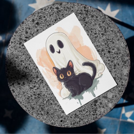 Carte Postale Joli bébé fantôme chaton noir Halloween