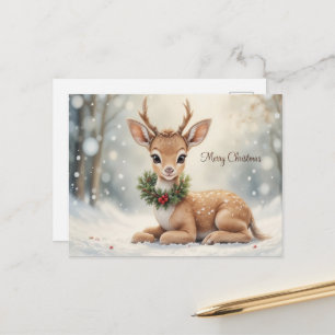 Carte Postale Joli bébé renne Noël hiver forêt 