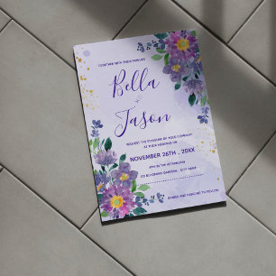 Carte Postale Joli bleu violet Aquarelle Mariage Floral