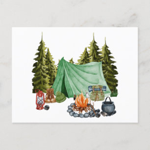 Carte Postale Joli Camping Thème Feu de Campement, Tente, Forêt