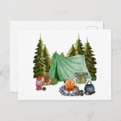 Carte Postale Joli Camping Thème Feu de Campement, Tente, Forêt (Devant / Derrière)