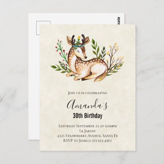 Carte Postale Joli Cerf Aquarellé Pose En Bas Boho Anniversaire (Devant / Derrière)