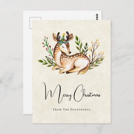 Carte Postale Joli Cerf Aquarellé Pose En Bas Boho Noël (Devant / Derrière)
