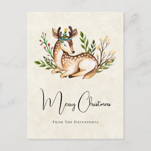 Carte Postale Joli Cerf Aquarellé Pose En Bas Boho Noël (Devant)