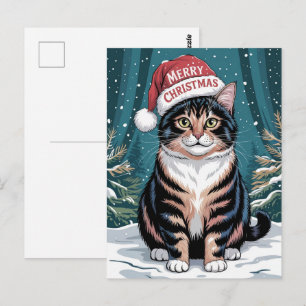 Carte Postale Joli Chapeau de Père Noël pour Chat Calico Merry N