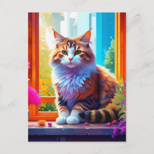 Carte Postale Joli Chat Assis dans une Fenêtre de Ville Ai Art