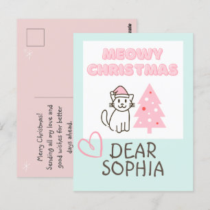 Carte Postale Joli Chat avec Chapeau de Père Noël & Arbre Meowy