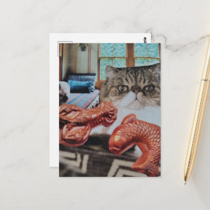 Carte Postale Joli Chat Avec Collage De Homard Et Poisson
