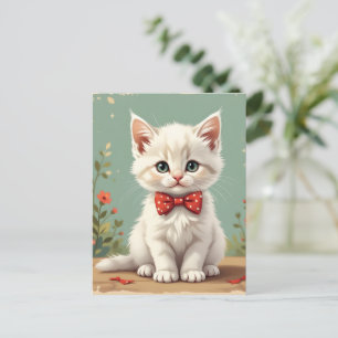 Carte Postale Joli chat blanc adorable avec noeud papillon