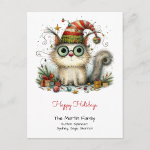 Carte Postale Joli chat blanc dans un bonnet de tricot Joyeuses