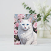 Carte Postale Joli chat blanc et roses roses (Debout devant)