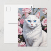 Carte Postale Joli chat blanc et roses roses (Devant / Derrière)