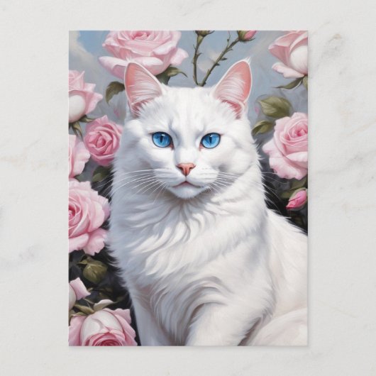 Carte Postale Joli chat blanc et roses roses (Devant)