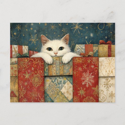 Carte Postale Joli Chat Blanc Se Penchant sur des Cadeaux de Noë (Devant)