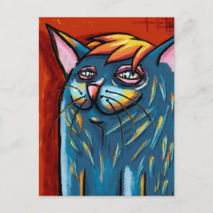 Carte Postale Joli Chat Bleu Heureux au Pastel à l'Huile Numériq