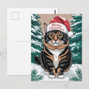 Carte Postale Joli chat calico chapeau de Père Noël Joyeux Noël 