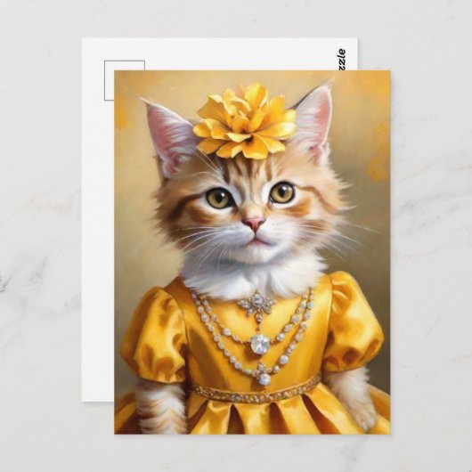 Carte Postale Joli Chat Chaton en Robe Jaune (Devant / Derrière)