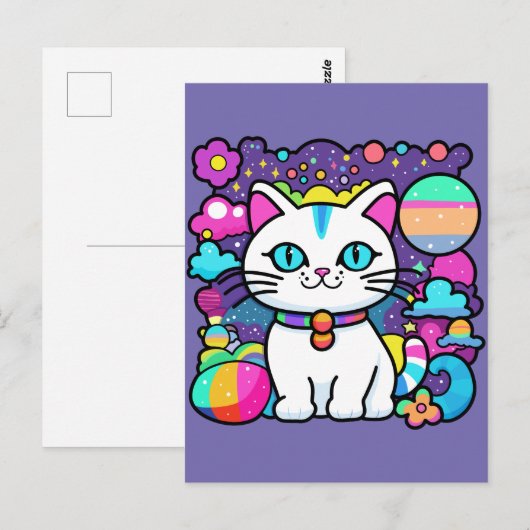 Carte Postale Joli Chat Cosmique Blanc (Devant / Derrière)